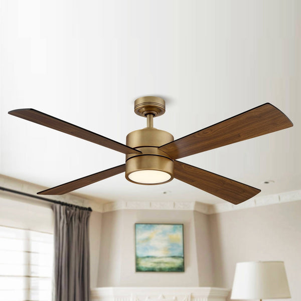52" Wooden 4 - Blade Brushed Brass LED Ceiling Fan with Remote - Walnut